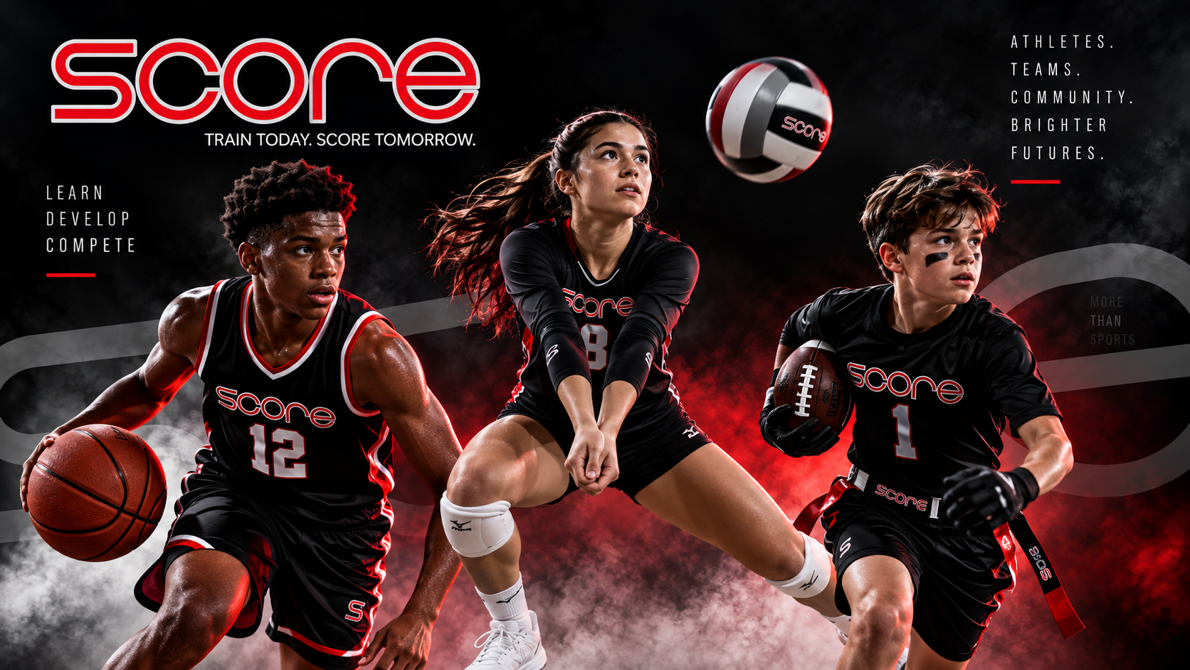 SCORE basketball, volleyball, and flag football athletes in action