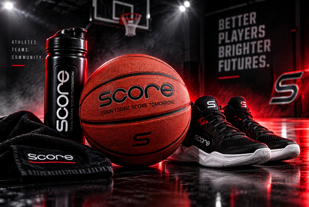 SCORE basketball, shaker bottle, towel, and court shoes on a lit gym floor